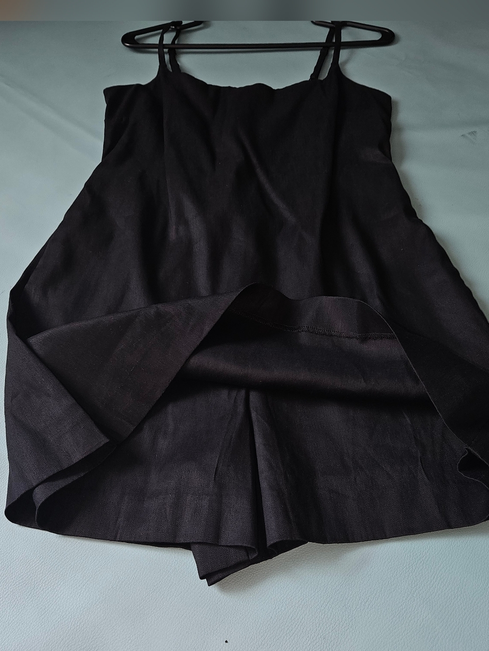 Madewell Squareneck Smocked Linen Mini Skort Romper In Jet Black - Picture 4 of 11